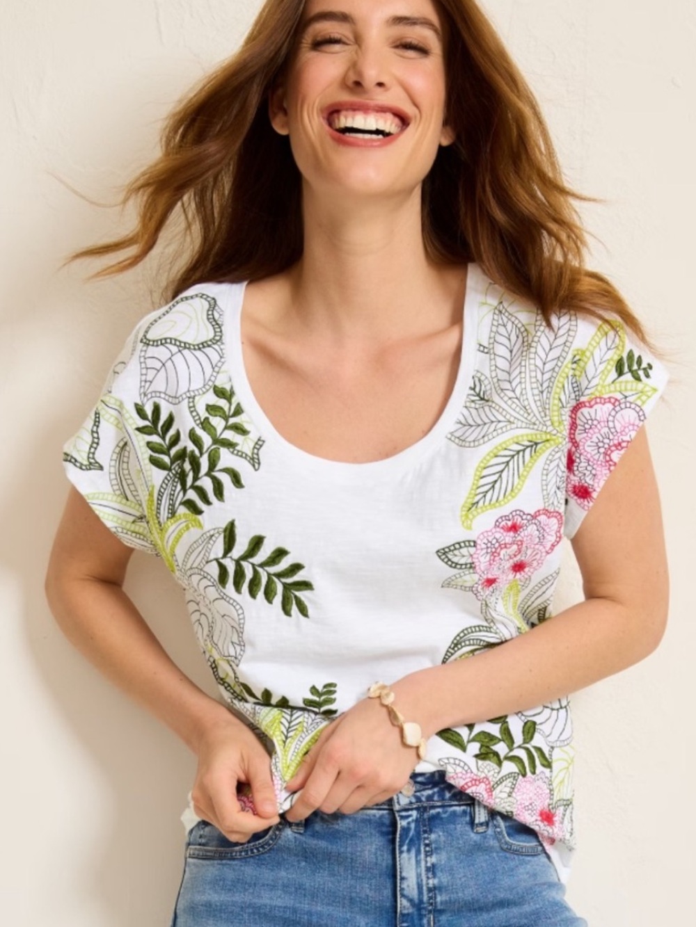 Tommy Bahama White Tee with Pink and Green Floral Design